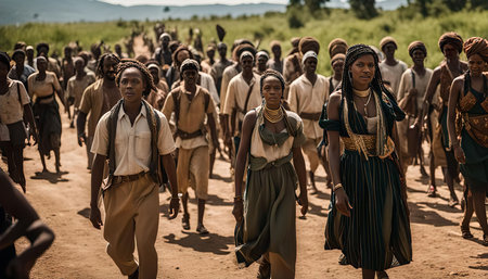 A group of people, likely dressed in traditional African clothing, walk along a dusty road, signifying a journey, migration, or adventure.の写真素材