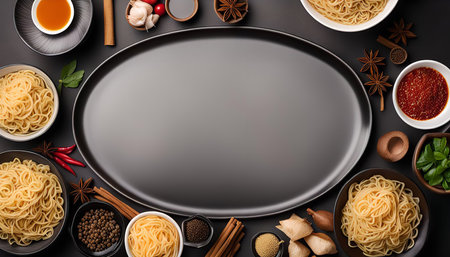 Top view of a black plate surrounded by Asian food ingredients like noodles, spices, and sauces. It's a culinary concept ideal for a food blog or recipe.の写真素材