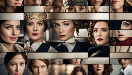 A collection of portraits showing elegant women with flawless makeup and styled hair, highlighting their beauty and style.の写真素材