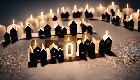 A miniature village made of paper and lit by candles creating a warm and inviting atmosphere.の写真素材