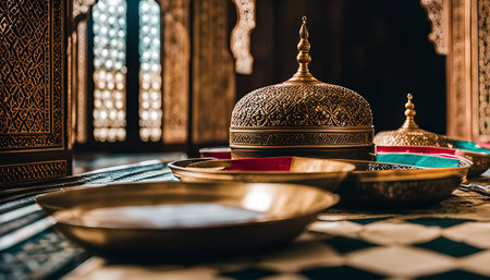 A close up shot intricately of golden bowls and trays sitting on a table inside a room. The table is covered with a patterned cloth. The bowls and trays are decorated with delicate patterns, and there is a window in the background.の写真素材