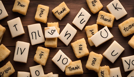 Close-up shot of various cookies on wooden surface, each cookie decorated with handwritten words and letters. The cookies are arranged in a random pattern with a focus on their unique typography and design.の写真素材