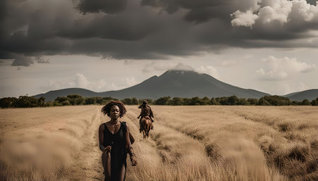 A woman walks through a field of tall grass, with a majestic mountain in the distance. The sky is filled with dramatic clouds, adding a sense of mystery and wonder to the scene.の写真素材