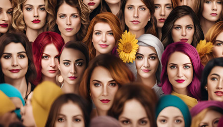 A vibrant and colorful collage of diverse women's faces, showing their unique beauty and style.の写真素材
