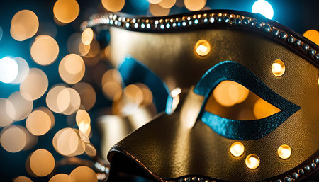 A close up of a golden Venetian mask with blurry lights in the background. The mask is decorated with glitter and sequins. It is a symbol of mystery and intrigue.の写真素材