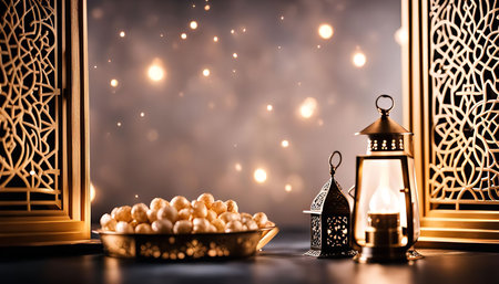 A golden lantern with designs intricately illuminates a table of sweets, symbolizing the celebration of Ramadan.の写真素材