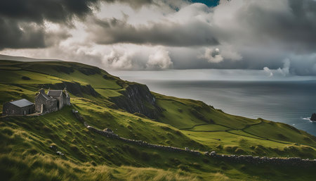 A solitary house sits atop a green hill overlooking a vast expansion of blue ocean, with dramatic clouds casting shadows over the scene.の写真素材
