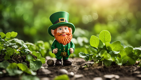 A happy leprechaun figurine stands in a lush green forest, surrounded by clover leaves. The leprechaun is wearing a green hat and has a red beard. The image is bright and cheerful, and evokes a sense of Irish folklore and tradition.の写真素材