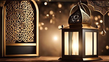 A close up shot of a golden ornate lantern with a warm glow emanating from it, a symbol of hope and...