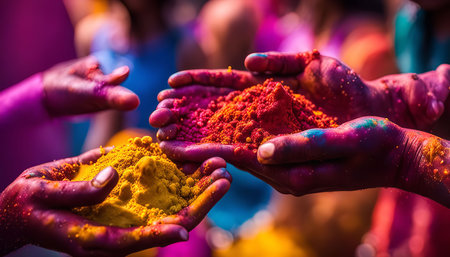 Closeup of hands holding colorful powders during Holi festival, a celebration of love, joy, and colors.の写真素材