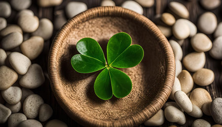 A four-leaf clover rests in a wooden bowl surrounded by smooth stones. The green clover is a symbol of good luck and prosperity.の写真素材