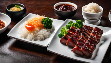 Close-up shot of a delicious Chinese dish featuring roasted pork with rice, broccoli, and a side of sauce, presented on a white plate. The food looks appetizing and ready to be enjoyed.の写真素材