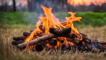 A close-up view of a campfire with flames rising from a pile of burning wood. The fire is set against a backdrop of green grass and blurred greenery, suggesting a peaceful outdoor setting.の写真素材