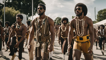 A group of African American men walk in a parade, dressed in traditional clothing and accessories, showcasing cultural pride and fashion.の写真素材