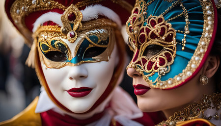 Two people wearing traditional Venetian Carnival masks, their faces partially hidden, showing the intricate details and vibrant colors of the costumes.の写真素材