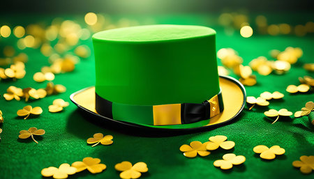 A green leprechaun hat with gold trim sits on a background of green shamrocks. The hat is a symbol of St. Patrick's Day and Irish culture.の写真素材