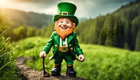 A cheerful leprechaun standing in a lush green forest, ready to share his good luck. He is dressed in traditional green attire, holding a wooden stick.の写真素材