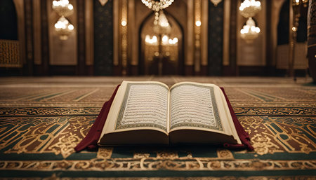 A close-up of the Holy Quran book placed on a prayer rug inside a mosque. The sacred text is open, and the mosque's ornate design is slightly visible in the background. This picture represents spirituality and Islamic practices.の写真素材