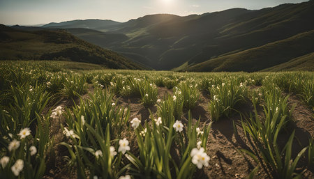 A view from a hilltop overlooking a field of flowers. The wildflowers are in full bloom and the sun is setting in the background. The mountains create a beautiful backdrop.の写真素材