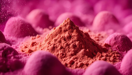 A close up of a pile of pink and red powder, with a soft, smooth texture. The powder is fine and light, creating a vivid, colorful background.の写真素材