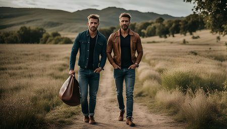 Two men are walking on a country road. One carries a brown leather bag while the other has his hands in his pockets. They are both wearing jeans, jackets, and sneakers. The road leads to a field of tall grass and a hill in the distance. The sky is a mix of blue and light gray.の写真素材