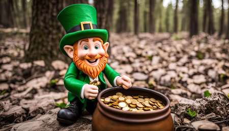 A happy leprechaun in a green hat and suit is standing in a forest, holding a pot of gold coins.の写真素材