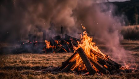 A close-up view of a campfire with flames licking up towards the dark sky. The fire is burning...