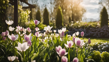 A colorful garden bed full of pink and white tulips with the sun shining through the leaves.の写真素材