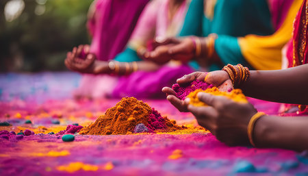 Close up of hands holding colorful powders during a religious celebration in India.の写真素材