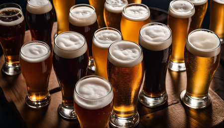 A close-up photo of various beers in glasses, showcasing a selection of different styles with varying colors and foam levels.の写真素材