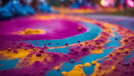 A close-up view of an abstract swirl of colorful powder, creating a dynamic and vibrant artistic patternの写真素材
