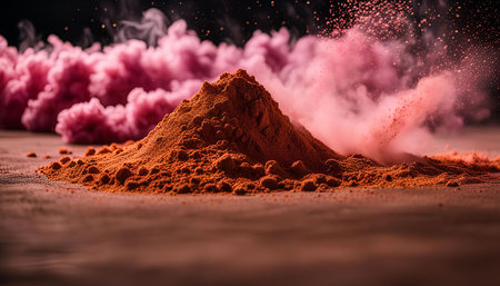 A pile of orange powder with pink smoke in the background. The smoke is creating a unique and abstract image.の写真素材