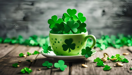 A green teacup filled with shamrocks sits on a wooden table with scattered gold coins, creating a festive scene for St. Patrick's Day.の写真素材