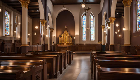 A view of the interior of a church, with rows of wooden pews leading towards the altar. Stained glass windows illuminate the space with colorful light.の写真素材