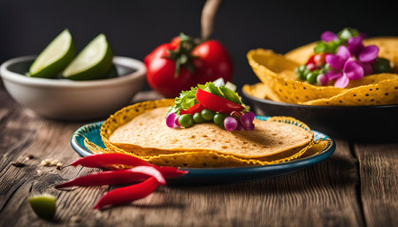 A close-up shot of delicious Mexican tacos with fresh vegetables, including tomatoes, peppers, and vibrant edible flowers, on a wooden table. The dish is arranged artfully with a focus on the colorful ingredients.の写真素材