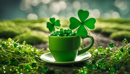 A green cup filled with shamrocks, a symbol of luck and Irish heritage, surrounded by green grass and shamrock decorations for St. Patrick's Day.の写真素材