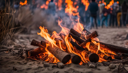 A fiery campfire blazes brightly, casting warm light and smoke into the evening air. The flames...