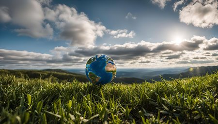 A small globe rests on a grassy hilltop, against a backdrop of rolling hills, clouds, and a bright blue sky. The image symbolizes the interconnectedness of our planet and the beauty of nature.の写真素材