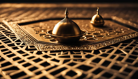 A close-up of a golden Islamic decoration, showing intricate patterns and details. The metalwork displays the rich cultural heritage and craftsmanship of Islamic art.の写真素材