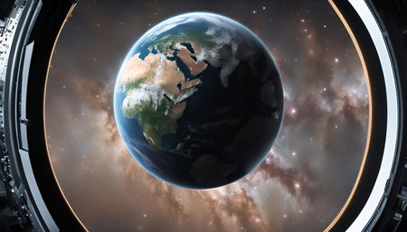 A view of planet Earth from the window of a space station, with the Milky Way galaxy in the background.の写真素材