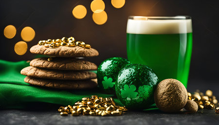 A close-up shot of a St. Patrick's Day celebration spread with a glass of green beer, chocolate cookies, gold sprinkles, and shamrock-decorated ornaments.の写真素材