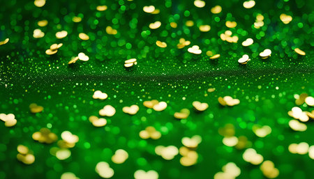A close-up shot of golden heart-shaped confetti scattered on a green glitter background, creating a festive and sparkly texture.の写真素材