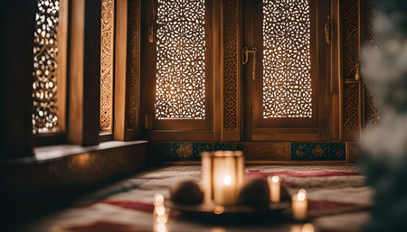 A cozy interior with intricate wood carvings and a warm glow of candlelight.の写真素材
