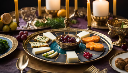 A beautifully arranged cheese platter with grapes, fruit, and decorative gold trim, set on a table with candles and other tableware.の写真素材