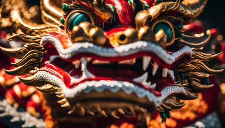 A close-up photograph of a detailed, red and gold dragon sculpture. It's a traditional Chinese or Japanese sculpture with sharp teeth and ornate details.の写真素材