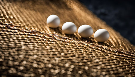 Four white spheres are arranged in a row on a textured gold fabric. The spheres are shiny and smooth, creating a contrast against the fabric's rough texture.の写真素材