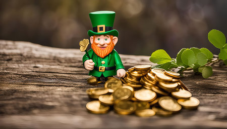 A small leprechaun figurine sits beside a pile of gold coins on a wooden table. The leprechaun is wearing a green hat and has a red beard. The image evokes a sense of Irish folklore and good luck.の写真素材