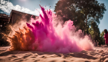 A colorful explosion of pink and orange powder creates a vibrant cloud on the ground, creating an artistic and dynamic image.の写真素材