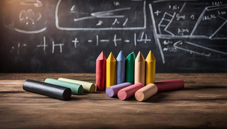 Close-up view of colorful chalk pieces on a wooden table in front of a blackboard with math...