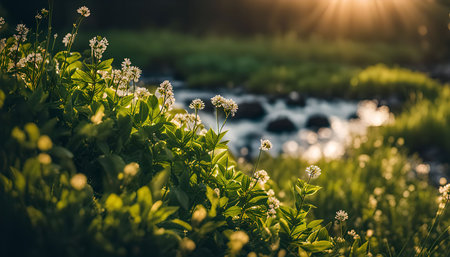 A close-up shot of delicate white flowers illuminated by the warm glow of the setting sun, creating a serene and natural scene.の写真素材